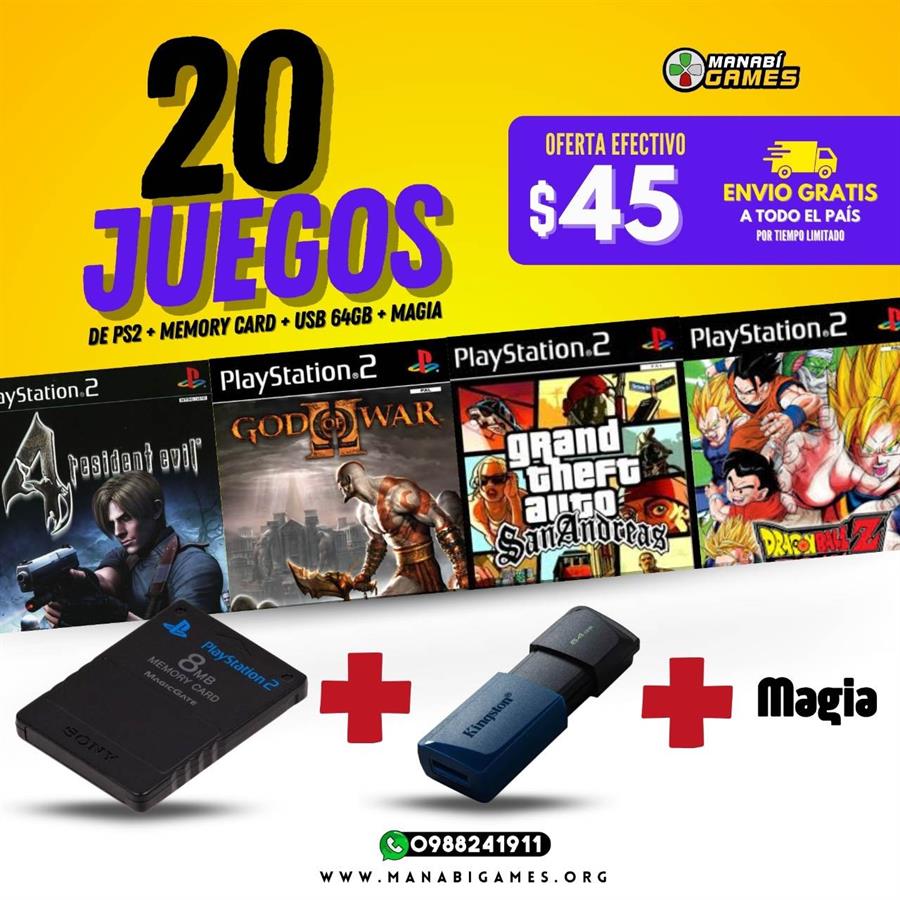 SISTEMA OPL PS2 + 20 JUEGOS + USB 64GB + MEMORY CARD